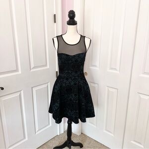 Three Pink Hearts black sheer & green brocade fit & flare mini dress, sz Medium